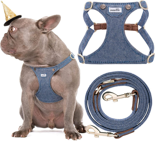 Puppytie No Pull Dog Harness with Multifunction Dog Leash,Soft Adjustable No Choke Escape Proof Pet Harness Vest for Medium Dogs,Denim Light Blue,M