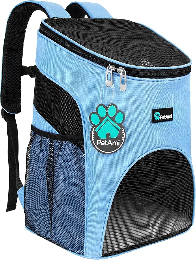 PetAmi Small Dogs and Cat Backpack Carrier, Airline Approved Pet Backpack Carrier, Ventilated, Safety Strap, Buckle Support Designed for Hiking Travel Camping Outdoor, Max 18 lbs (Light Blue)
