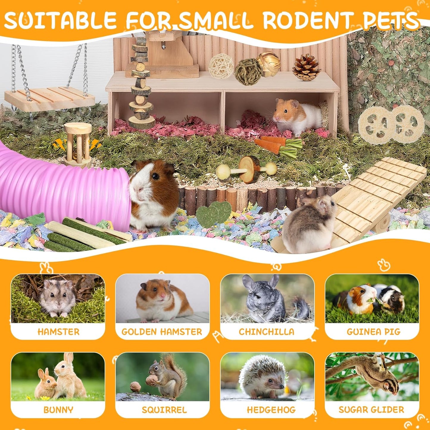 40 PCS Hamster Toys Set, Guinea Pig Toys Enrichment Hamster Tubes and Tunnels, Rat Enrichment Toy with Bridge, Seesaw, Swing, Ball for Gerbils, Chinchillas, Dwarf and Syrian Mouse