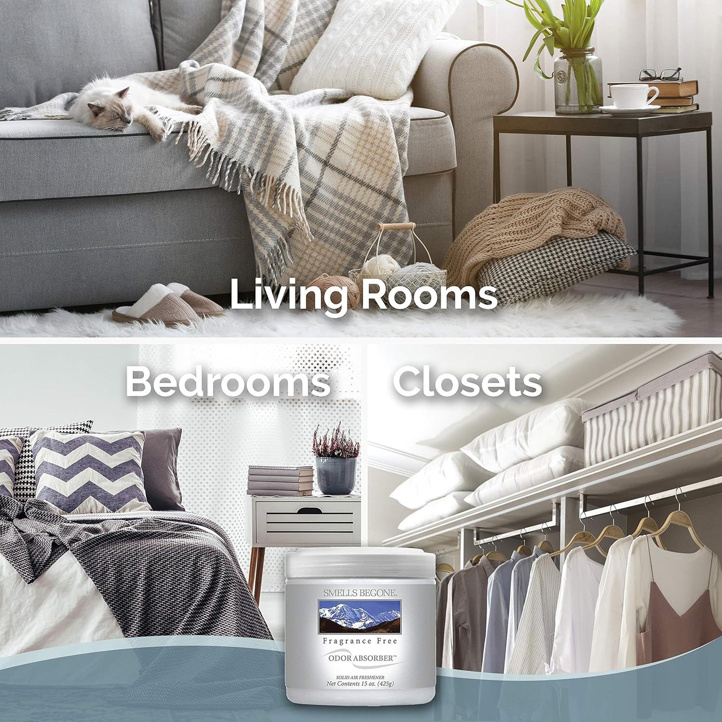 SMELLS BEGONE Air Freshener Odor Absorber Gel - 15 oz, Pack of 2 - Absorbs and Eliminates Odor in Pet Areas, Bathrooms, Cars, & Boats - Made with Essential Oils - Fragrance Free