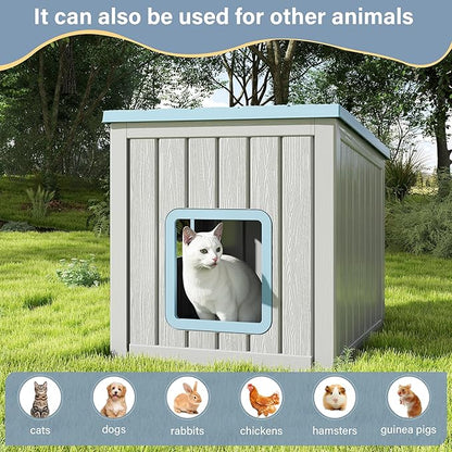 Outdoor Cat House, Cat Houses for Outdoor Indoor Cats, Clawsable Cat House Weatherproof, Feral Cat Shelter, Resin Insulated Material, Emergency Exit Easy to Clean and Install, Blue