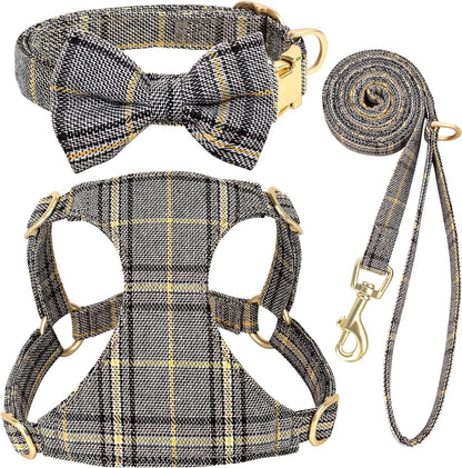 Beirui Cute Extra Small Dog Harness Collar and Leash Set with Bowtie, Soft Adjustable Plaid Puppy Harness for Small Sized Dogs Cats Walks Parties and Photoshoots(Gray,XS:Chest 13-18")