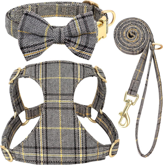 Beirui Cute Extra Small Dog Harness Collar and Leash Set with Bowtie, Soft Adjustable Plaid Puppy Harness for Small Sized Dogs Cats Walks Parties and Photoshoots(Gray,XS:Chest 13-18")