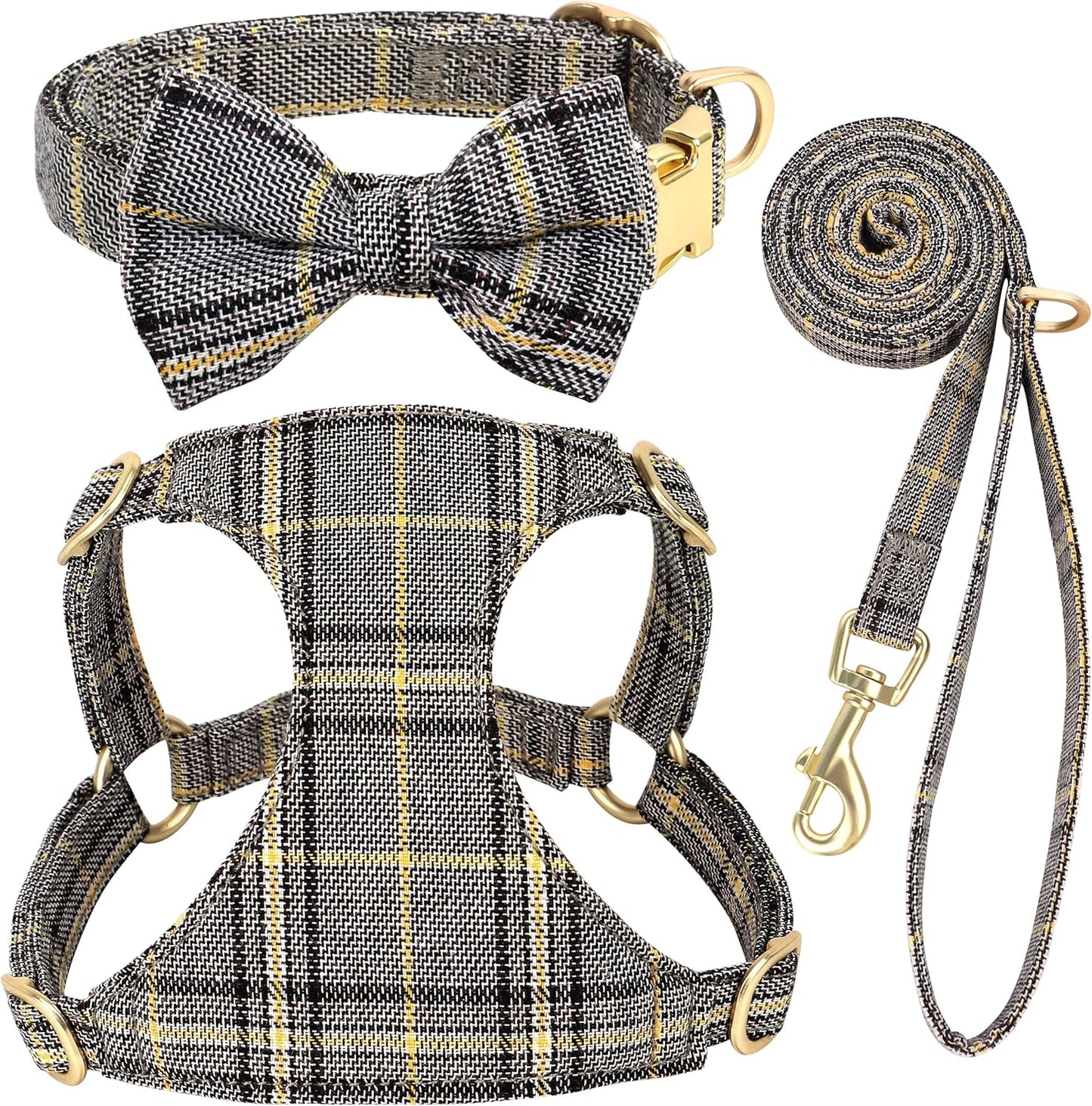 Beirui Cute Extra Small Dog Harness Collar and Leash Set with Bowtie, Soft Adjustable Plaid Puppy Harness for Small Sized Dogs Cats Walks Parties and Photoshoots(Gray,XXS:Chest 12-14")