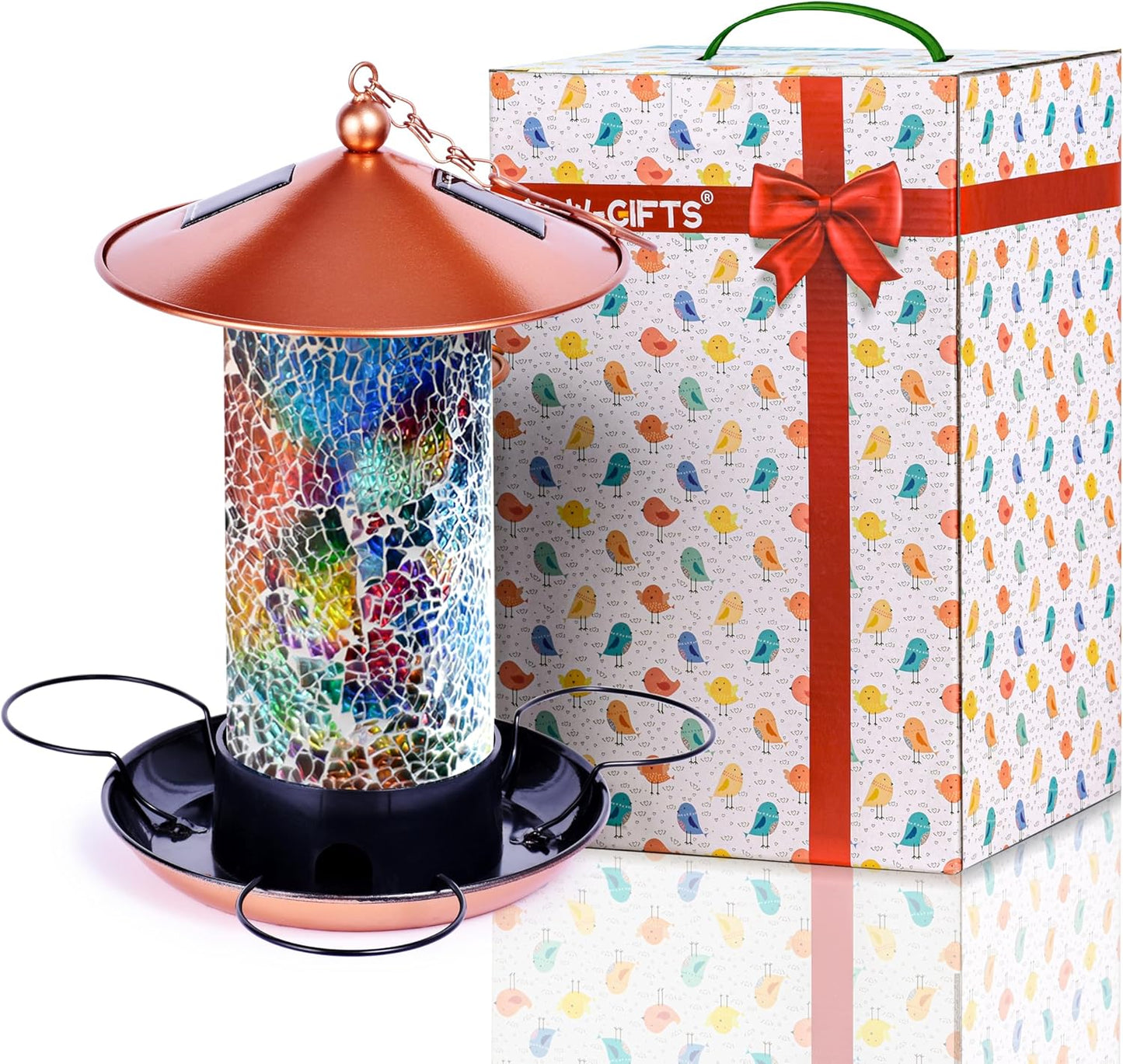 XDW-GIFTS Mosaic Solar Wild Bird Feeder, Waterproof Lantern Shape with S-Hook & 4 LED Lights, Garden Decor for Lawn, Patio, Balcony, Yard Ornament - Unique Gifts for Mom, Women, Grandma, Bird Lovers