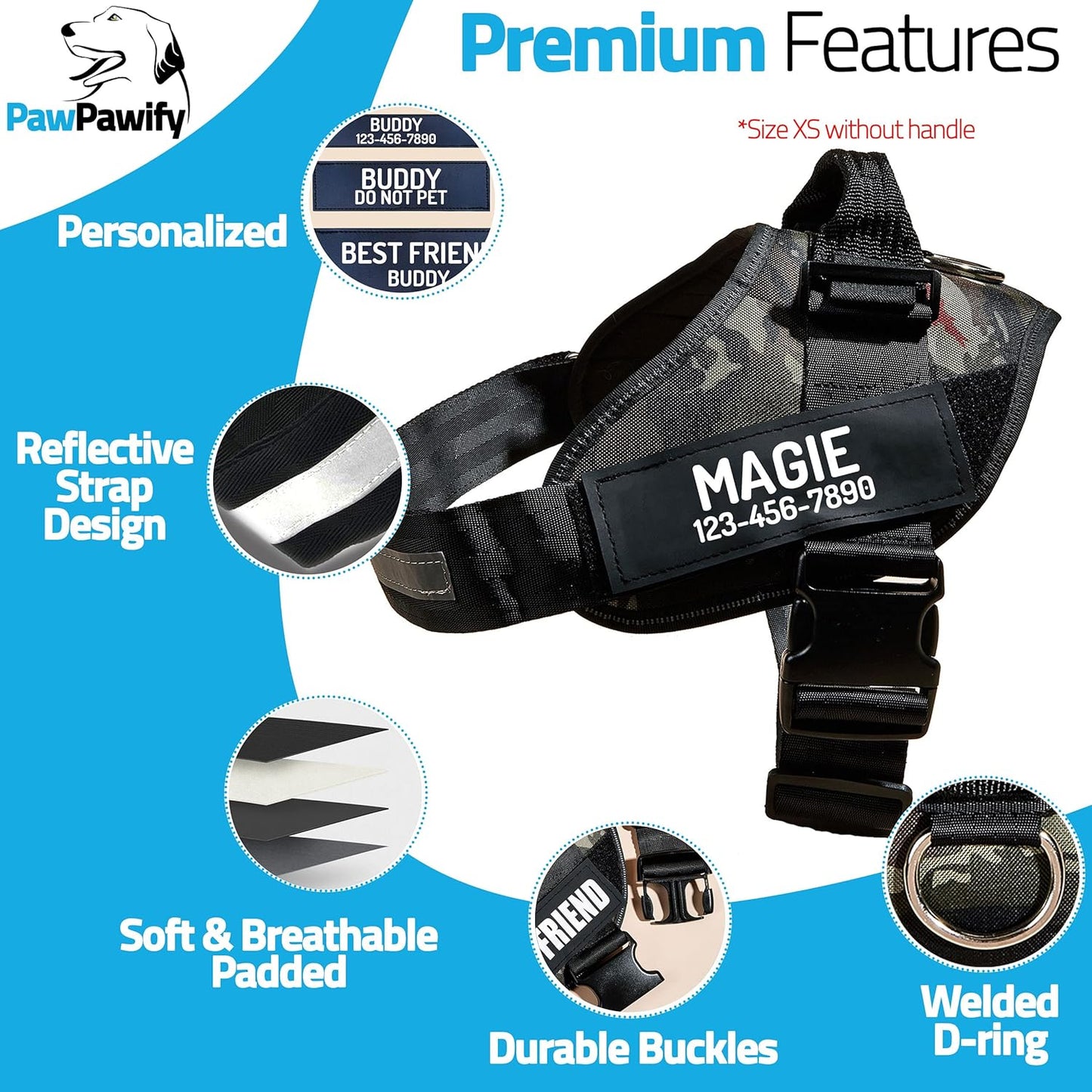 PawPawify Custom No Pull Dog Harness with Name and Phone Number, Heavy Duty Personalized Pet Vest to Prevent Tugging, Pulling, or Choking, Training and Walking (Camouflage Green, XXL (Chest 36-42in))