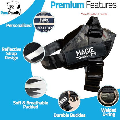 PawPawify Custom No Pull Dog Harness with Name and Phone Number, Heavy Duty Personalized Pet Vest to Prevent Tugging, Pulling, or Choking, Training and Walking (Camouflage Green, XXL (Chest 36-42in))