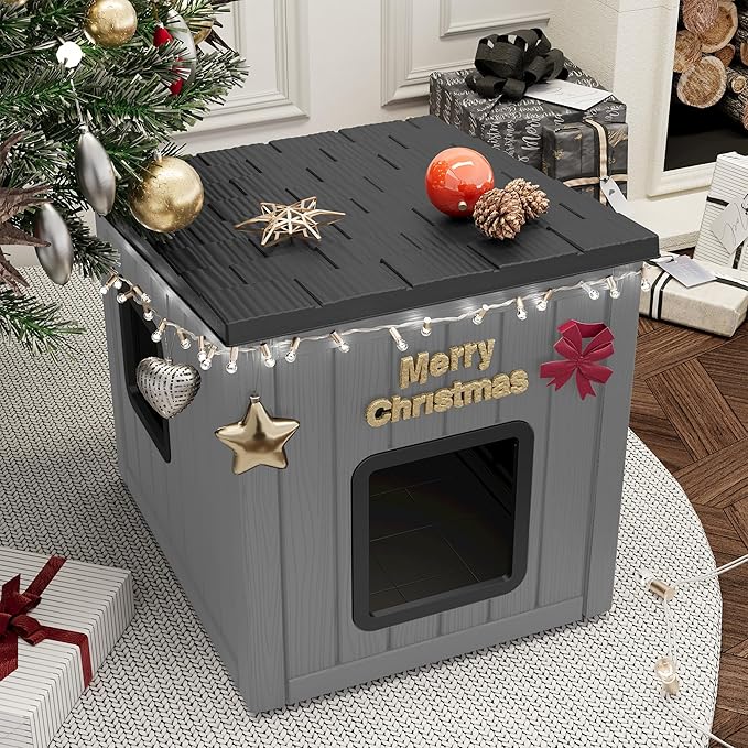 KAMABOKO Outdoor Cat House, Weatherproof Plastic Cat Shelter for Indoor & Outdoor, Durable All-Season Pet House for Feral, Stray & Domestic Cats (Gray&Black)