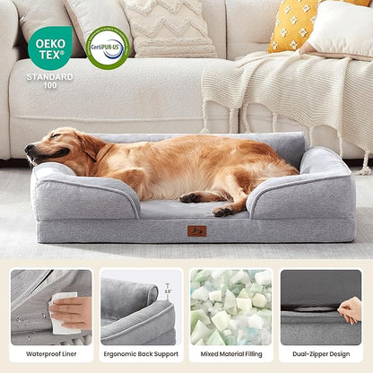 XL Orthopedic Dog Beds for Large Dogs, Waterproof Egg-Crate Foam Pet Couch Bed with Soft Sides, Non-Slip Dog Sofa with Flannel Removable Washable Cover, 42" L Supportive Pet Sofa, Light Grey