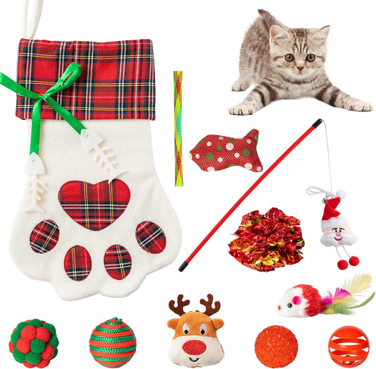 MALLMALL6 11Pcs Christmas Cat Stocking Toys Interactive Cat Toys Pack Including Feather Teaser Wand Catnip Mouse Crinkle Bells Ball Spring Toys for Indoor Cats, Christmas Hanging Stocking for Pet Cats