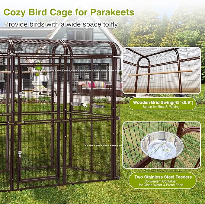 Large Walk-in Cage 87-inch Heavy Duty Bird Cage Outdoor Aviary Parrot Cage Wide Flight Metal Birdcage with Stand for Macaw Budgie Conure Lovebird Parakeet Cockatiel, 7.22x5.25x6.8ft, Brown