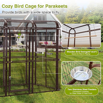 Large Walk-in Cage 87-inch Heavy Duty Bird Cage Outdoor Aviary Parrot Cage Wide Flight Metal Birdcage with Stand for Macaw Budgie Conure Lovebird Parakeet Cockatiel, 7.22x5.25x6.8ft, Brown