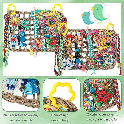 Liliful 2 Pieces Bird Foraging Toys for Parakeets Cockatiel Conures Lovebirds Foraging Shredding Seagrass Wall with Colorful Chewing Toys
