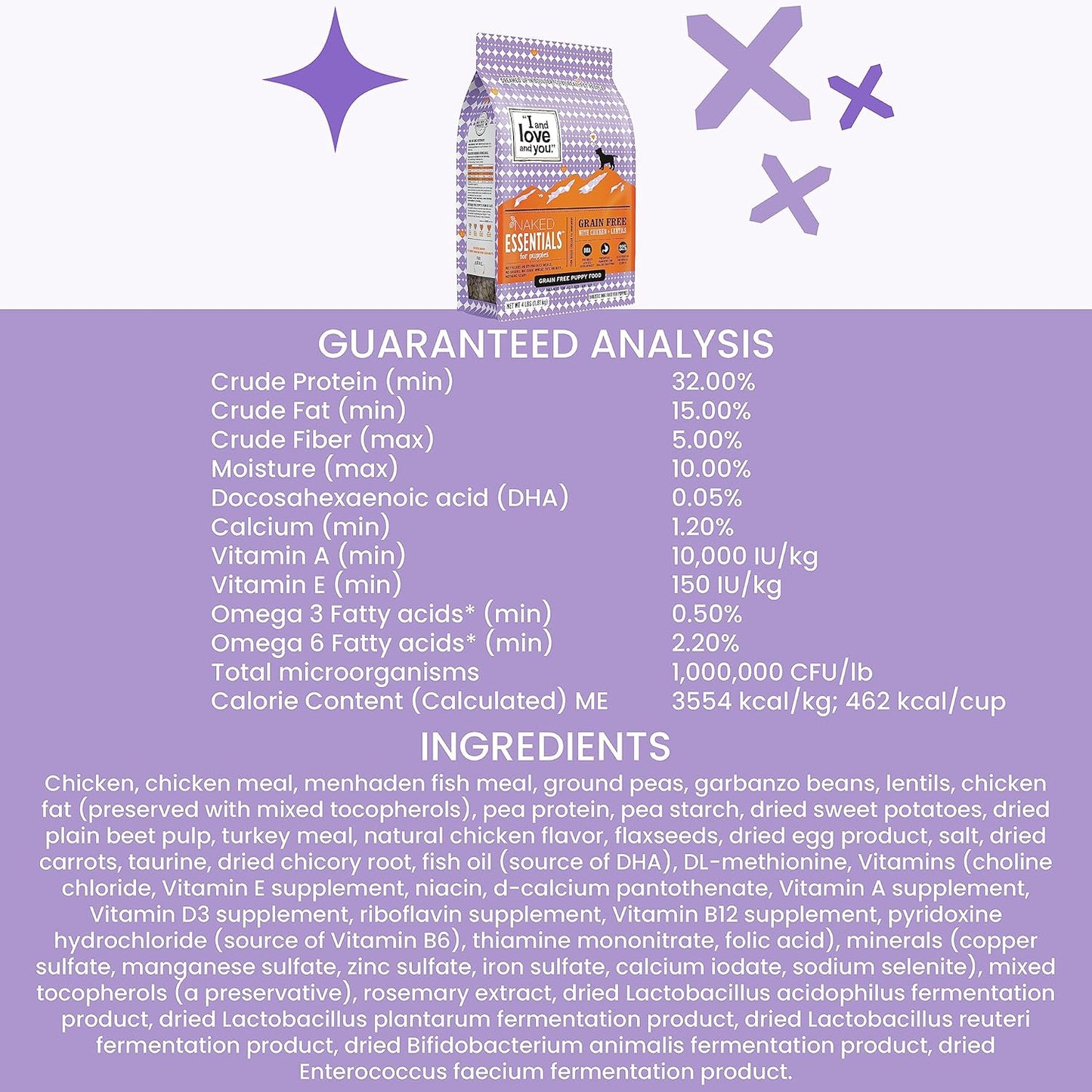 I and love and you Naked Essentials Dry Dog Food for Puppies - Chicken + Lentils - High Protein, Real Meat, No Fillers, Prebiotics + Probiotics, 4lb Bag