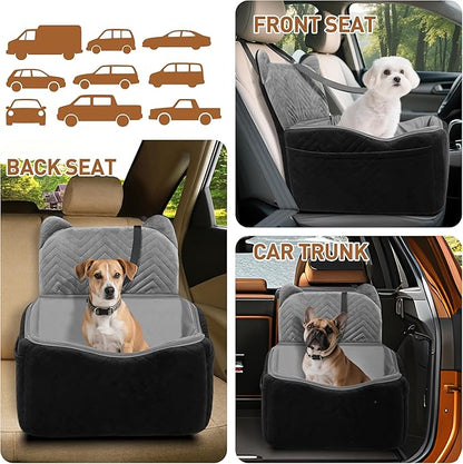 Dog Car Seat for Small Medium Dog up to 30 lbs with Waterproof PU Cover Pet Car Booster Seat with Memory Foam for Travel, Black, 2 Safety Belt