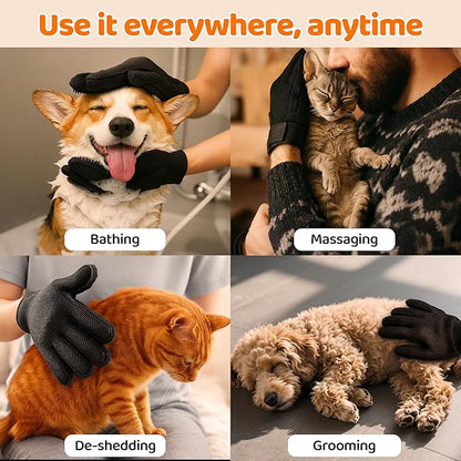 Pet Hair Remover Glove - Cat＆Dog Brush,Gentle Deshedding Efficient - Perfect for Dogs, Cats, Rabbits & Horses with Long/Short/Curly Hair,Includes Sprayer＆Waterless Shampoo(Right Hand, 1 Piece, Black)