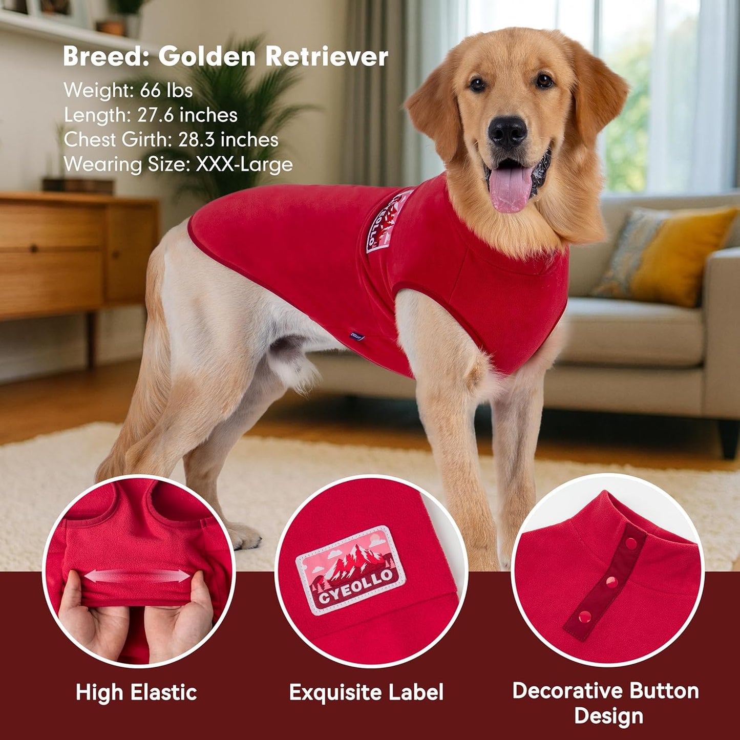 cyeollo 3XL Fleece Dog Sweater, Pullover Sweatshirt Stretchy Fleece Vest Warm Winter Fall Clothes for Large Dogs Boy Girl Turtleneck Pet Apparel, Red XXXL