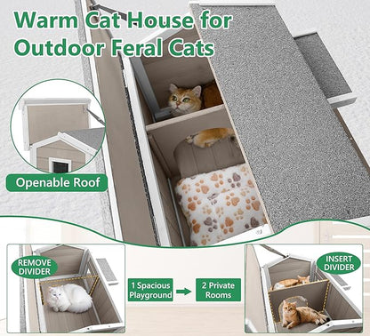 Cat House Outdoor Weatherproof Cat Shelter for Outside Ferals Cats with Waterproof Openable Roof & 8.3" Platform, Balcony Wooden Pet Houses for 1-3 Small Animals