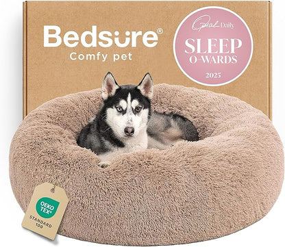 Bedsure Calming Dog Beds Large Sized Dog - Donut Washable Large Pet Bed, 36 inches Anti-Slip Round Fluffy Plush Faux Fur Dogs Bed, Fits up to 80 lbs Pets, Camel