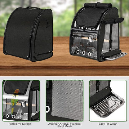 SUERTREE Bird Carrier Bag with Indestructible Stainless Steel Mesh, Bird Travel Cage with Stand, Easy to Clean Backpack for Parrot, Portable Bird Travel Bag, Pet Breathable Travel Cage, Black