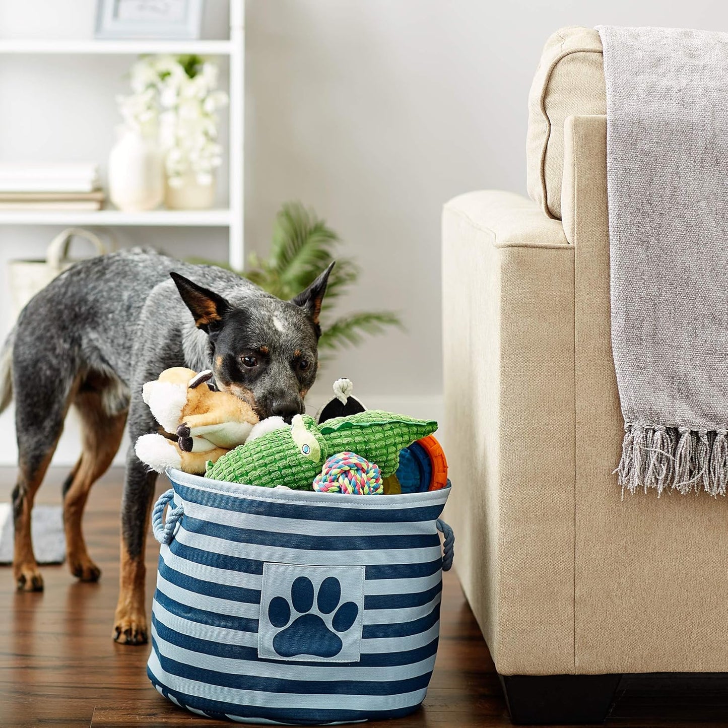 Bone Dry 5743 Pet Storage Collection Striped Paw Patch Bin, Medium Round, Dark Navy