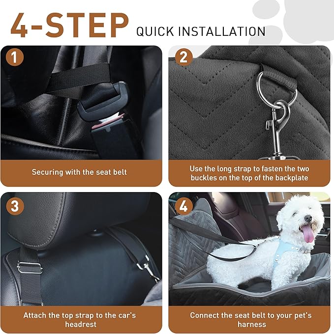 Dog Car Seat for Small Medium Dog up to 30 lbs with Waterproof PU Cover Pet Car Booster Seat with Memory Foam for Travel, Black, 2 Safety Belt