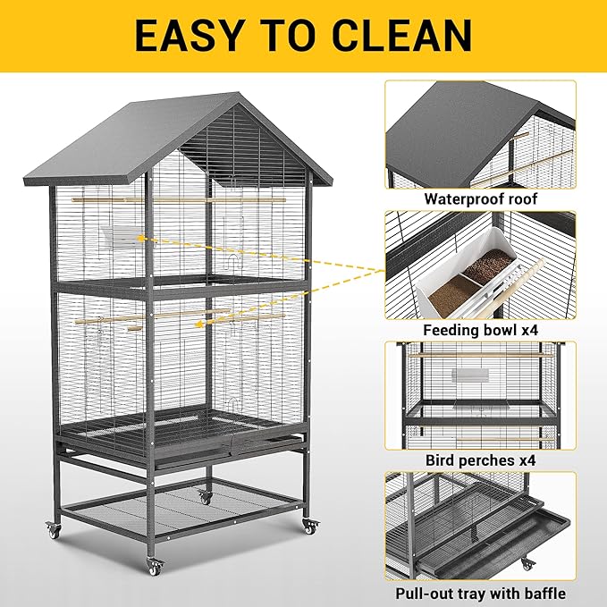 65.7" Large Double Parrot Cage, Bird Cage with Rolling Stand, 4 Perches & Bowls, Outdoor Bird Flight Cages for Parakeets, Conures, Cockatoos, Canaries, Lovebirds - Black