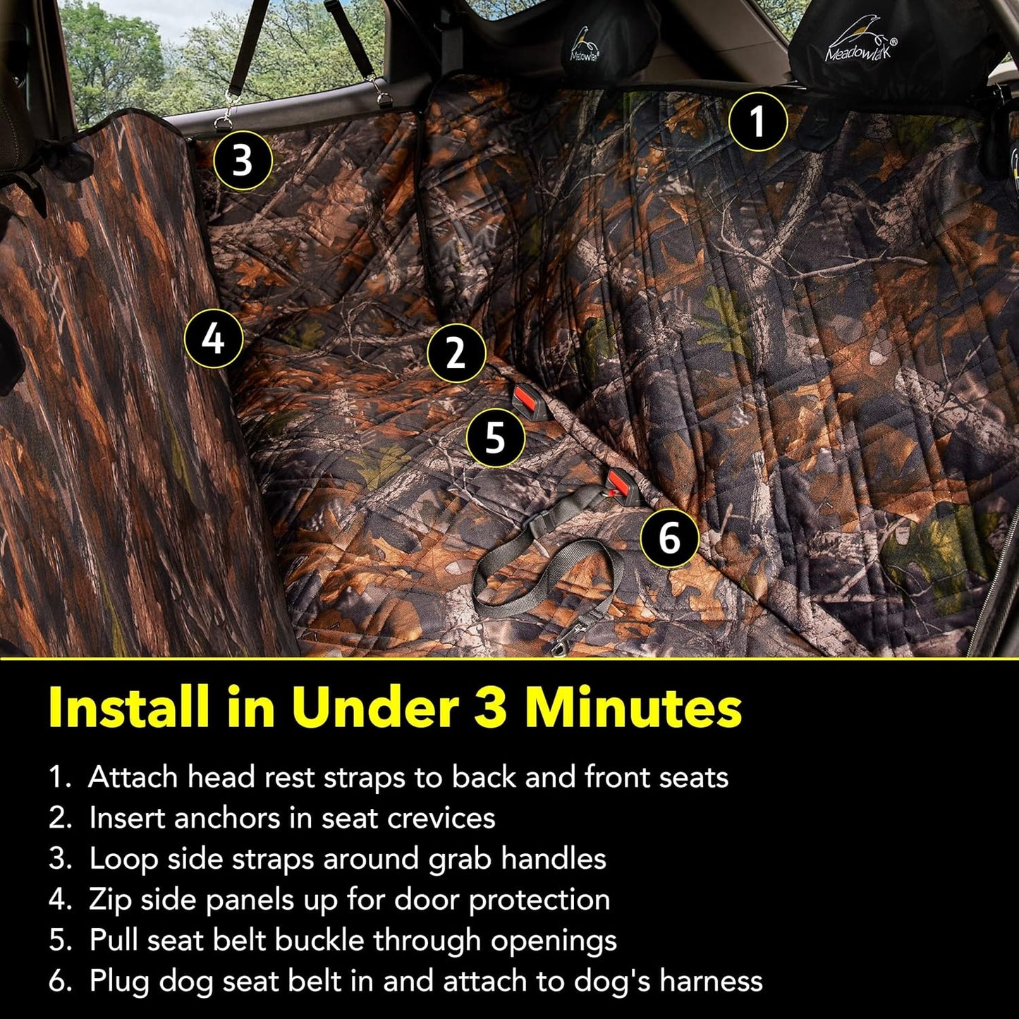 Meadowlark Premium Hammock Dog Car Seat Cover Back Seat, Pet Cover Car Seat Protector, Non-Slip, Dog Stuff, Anti Shock, Water Repellant, Pet Car Seat Cover for Dogs w/Seat Belt & 2 Headrest Covers