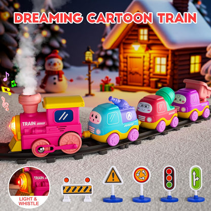 Funwee Steam Track Train Set for Toddlers, Magnetic Connection Train Toys w/Lights & Sounds, Electric Cartoon Choo Choo Train, Toy Train Christmas Birthday Gift for Toddlers 2 3 4 5+ Boy Girl (Pink)