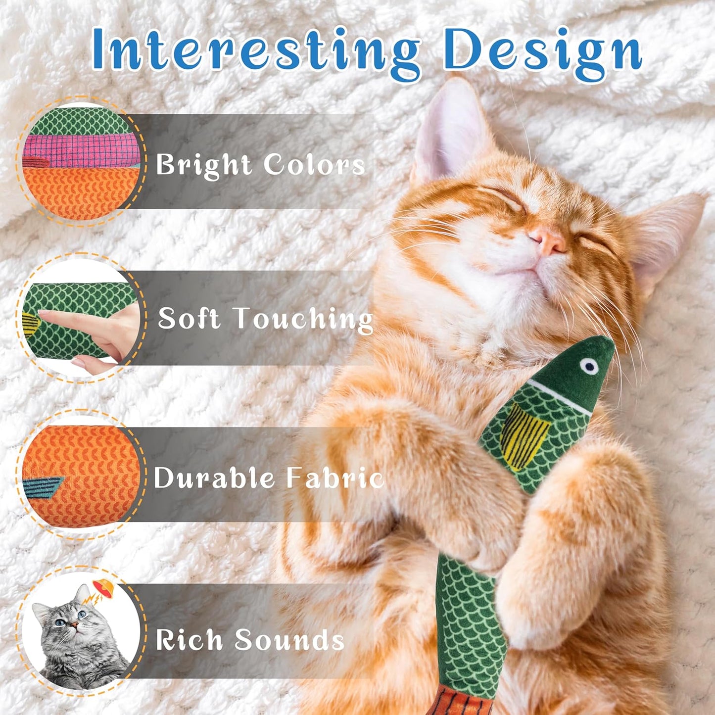 Soft Catnip Toys Fish, 3 Pack Bell Sound Cat Toys, Interesting Indoor Cat Kicker Toys, Durable and Highly Interactive Catnip Toys (Saury Fish)