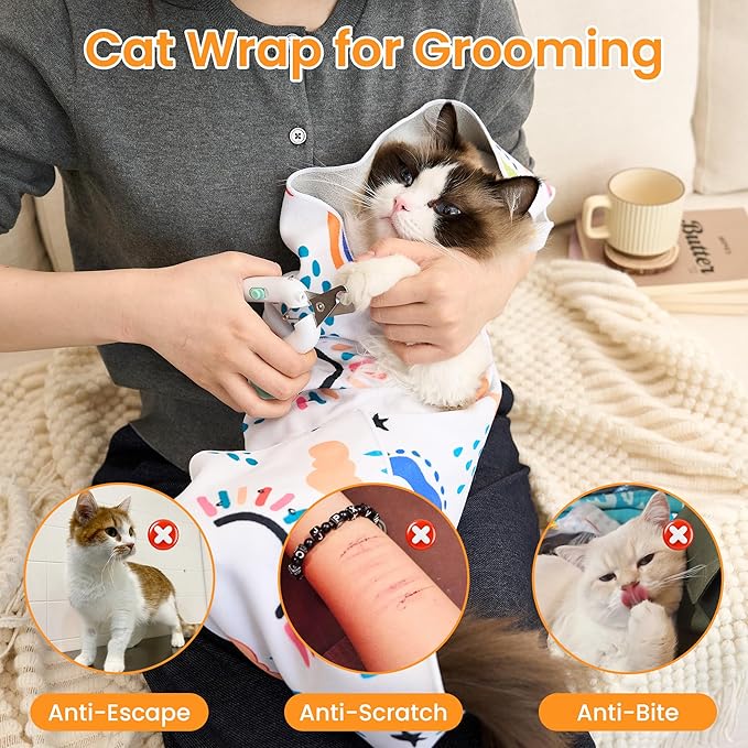 27.6" X27.6" Rainbow Cat Grooming Wrap for Cutting Nails Self-Adherent Fabric Wrap for Cats Anti-Scratch Anti-Escape Grooming Bag Pet Tool