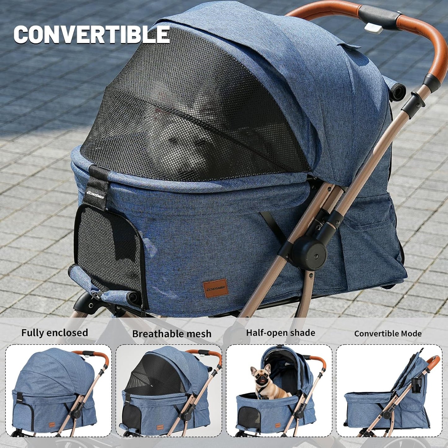 EchoSmile Small Medium Dogs Stroller 4-Wheel Pet Strollers for Medium Dogs Up to 50lbs, One Click Folding Large Cat Stroller, Reversible Handle, Shock Absorbing Wheels, Removable Washable Pad, Blue