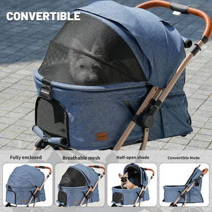 EchoSmile Small Medium Dogs Stroller 4-Wheel Pet Strollers for Medium Dogs Up to 50lbs, One Click Folding Large Cat Stroller, Reversible Handle, Shock Absorbing Wheels, Removable Washable Pad, Blue