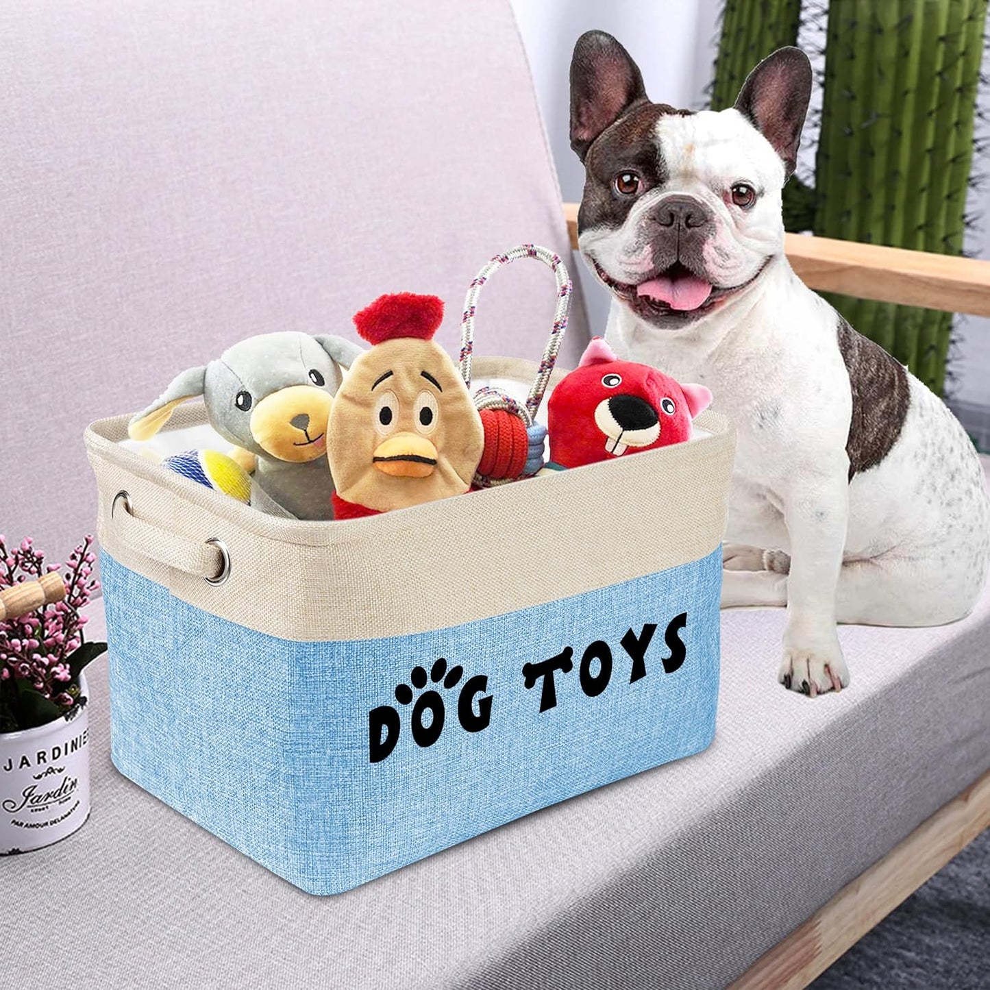 PET ARTIST Dog Toy Basket, Collapsible Dog Toy Bin Box with Comfortable Handles, Large Pet Toy Storage Organizer for Accessories, Toys, Coat & Clothing, Blanket & Leash, Blue, 15"x11"x9"