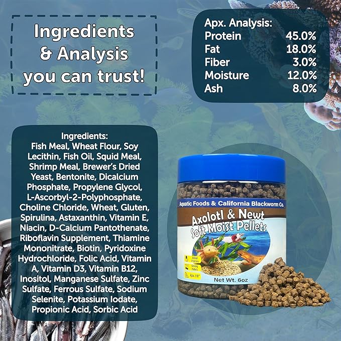 Aquatic Foods Inc. Axolotl Pellet Food 1/8" Soft Moist Sinking Pellets for Juvenile Axolotl Also Shrimp, Snails, Crayfish, Bottom Tropical Fish, Blackworm Pellets Included 6oz Canister