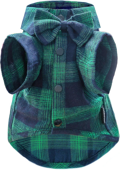 Plaid Dog Shirt,Soft Casual Pet Shirt Clothes, Dog Cotton Shirt with Bow Tie for Wedding,Christmas Costumes (Small, Green&Blue)