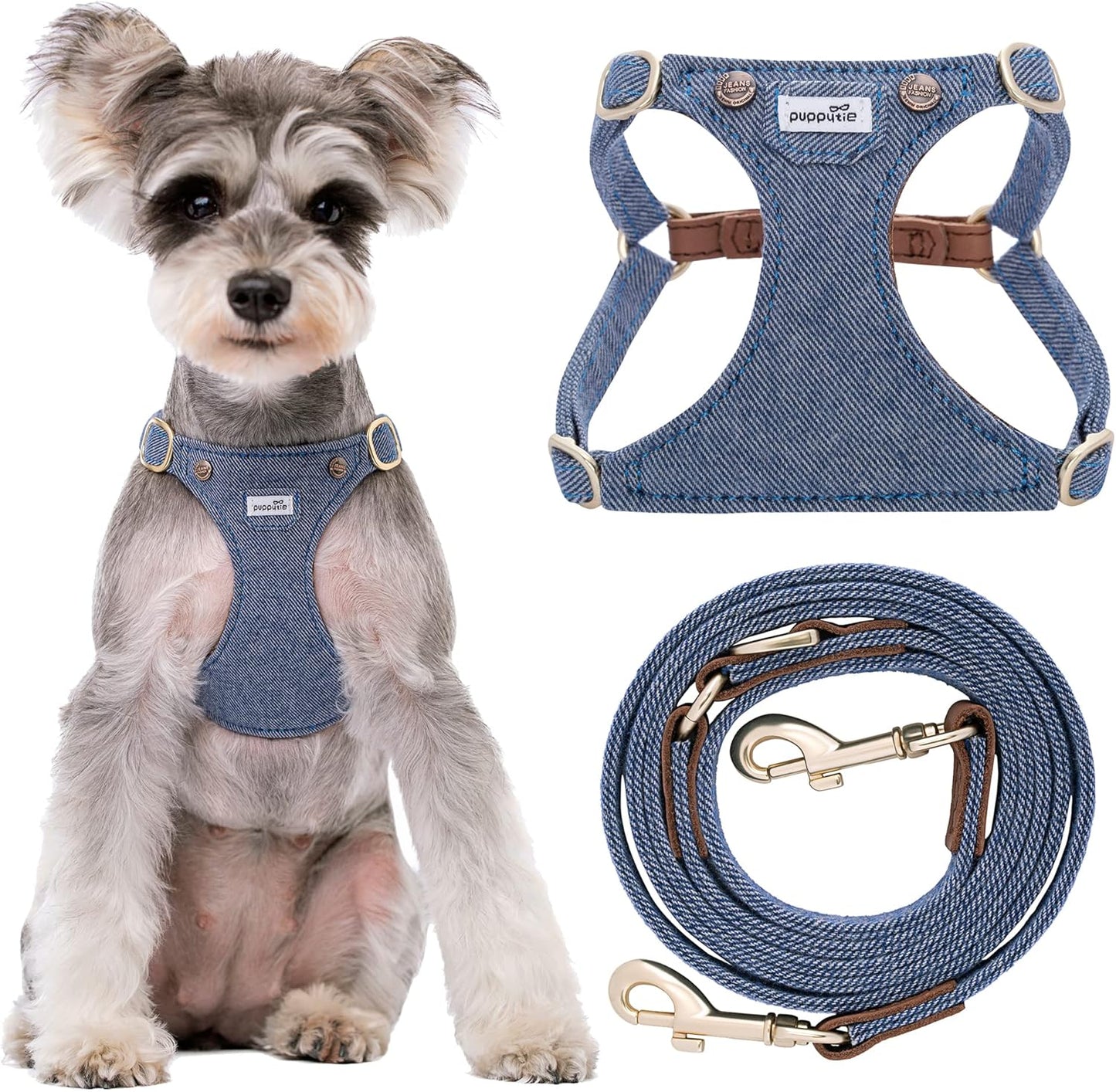 Puppytie No Pull Small Dog Harness with Multifunction Dog Leash,Lightweight Soft Adjustable No Choke Escape Proof Pet Harness Vest Pet Harness Vest,Denim Light Blue,S