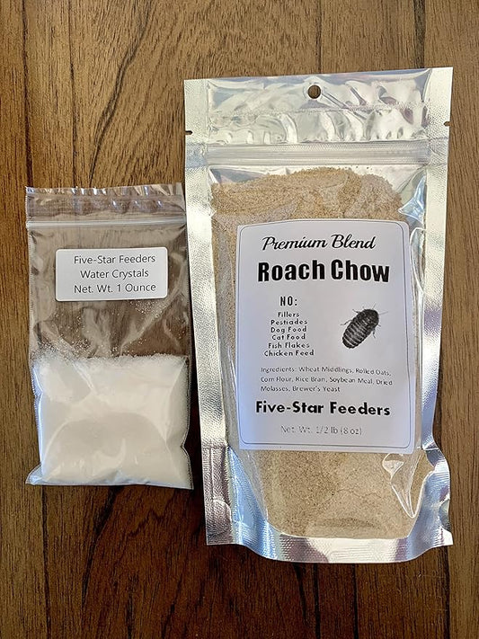 Premium Roach/Cricket Chow and Water Crystal Combos by Five-Star Feeders (1/2 lb. Roach Chow and 1 oz. Water Crystals)
