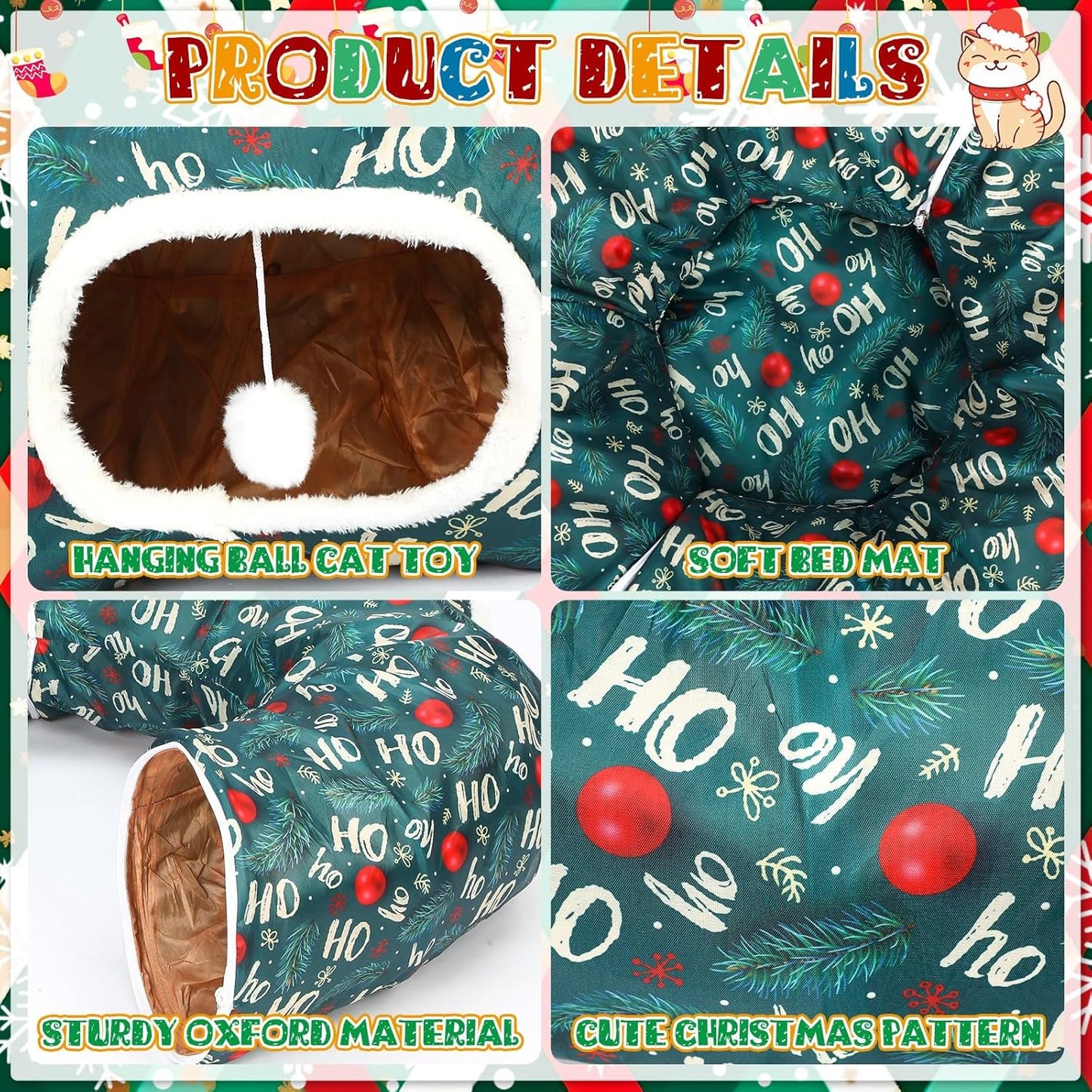 Christmas Cat Tunnel Bed for Indoor Cats Under Christmas Tree Skirt Tube with Hanging Ball Plush Cat Cave, Washable Holiday Pet Gift Toy & Gift for Kittens(Pine Branch)