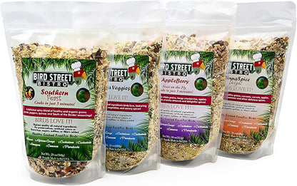 Bird Street Bistro Parrot Food Sample 4 Pack - Parakeet Food - Cockatiel Food - Bird Food - Cooks in 3-15 min w/Natural & Organic Grains - Healthy, Non-GMO Fruits, Healthy Orientated Spices