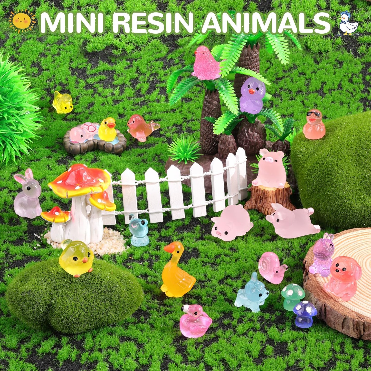 105PCS Mini Resin Animals Tiny Cute Figurines Glow in Dark, Miniature Figures to Hide, Little Animal Toys Small Accessories for Topper Desk Garden Dollhouse Landscape Aquarium Ornaments Crafts & Decor