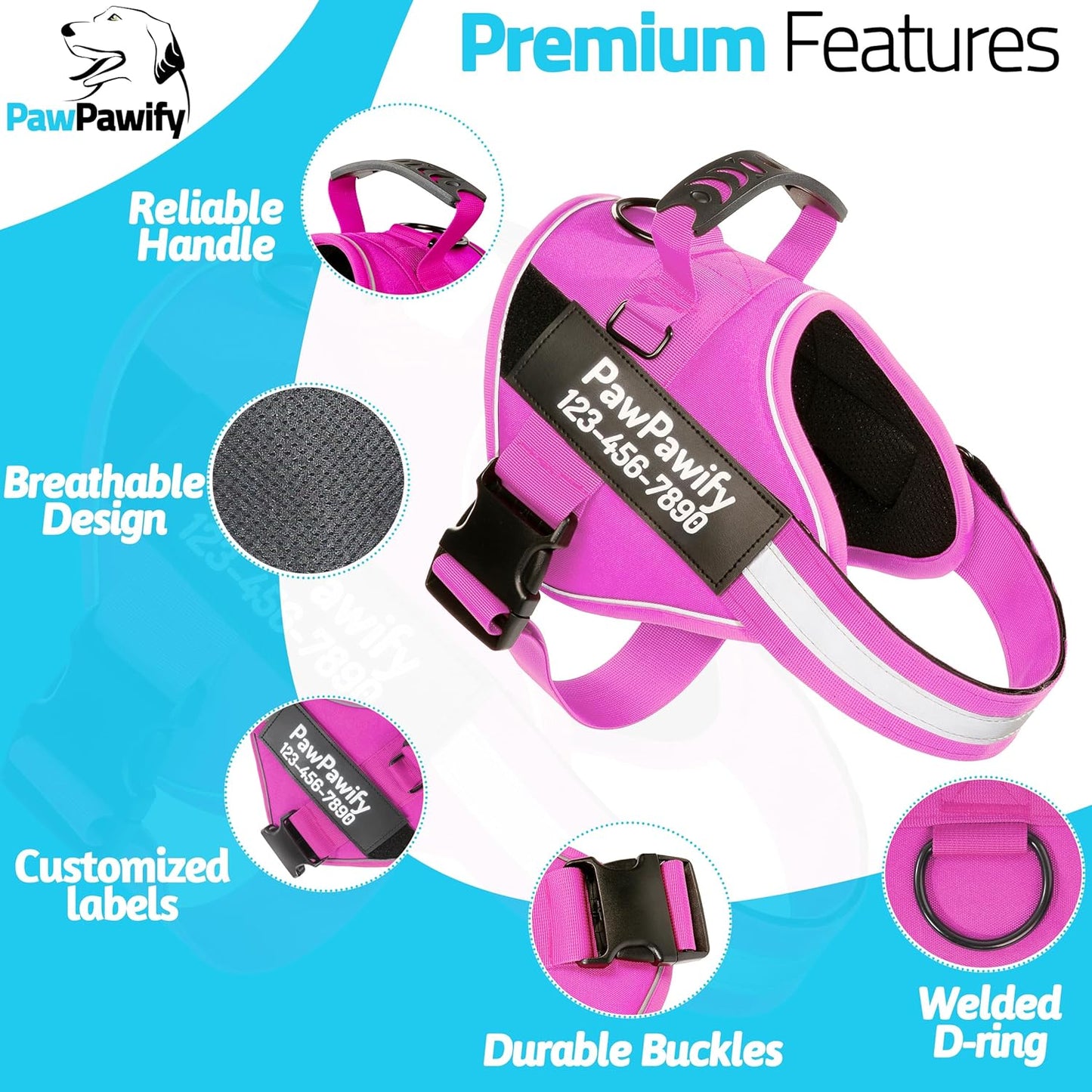 PawPawify Custom No Pull Dog Harness with Name and Phone Number, Heavy Duty Personalized Pet Vest to Prevent Tugging, Pulling, or Choking, Training and Walking (New Pink, XS (Chest 14-17in))