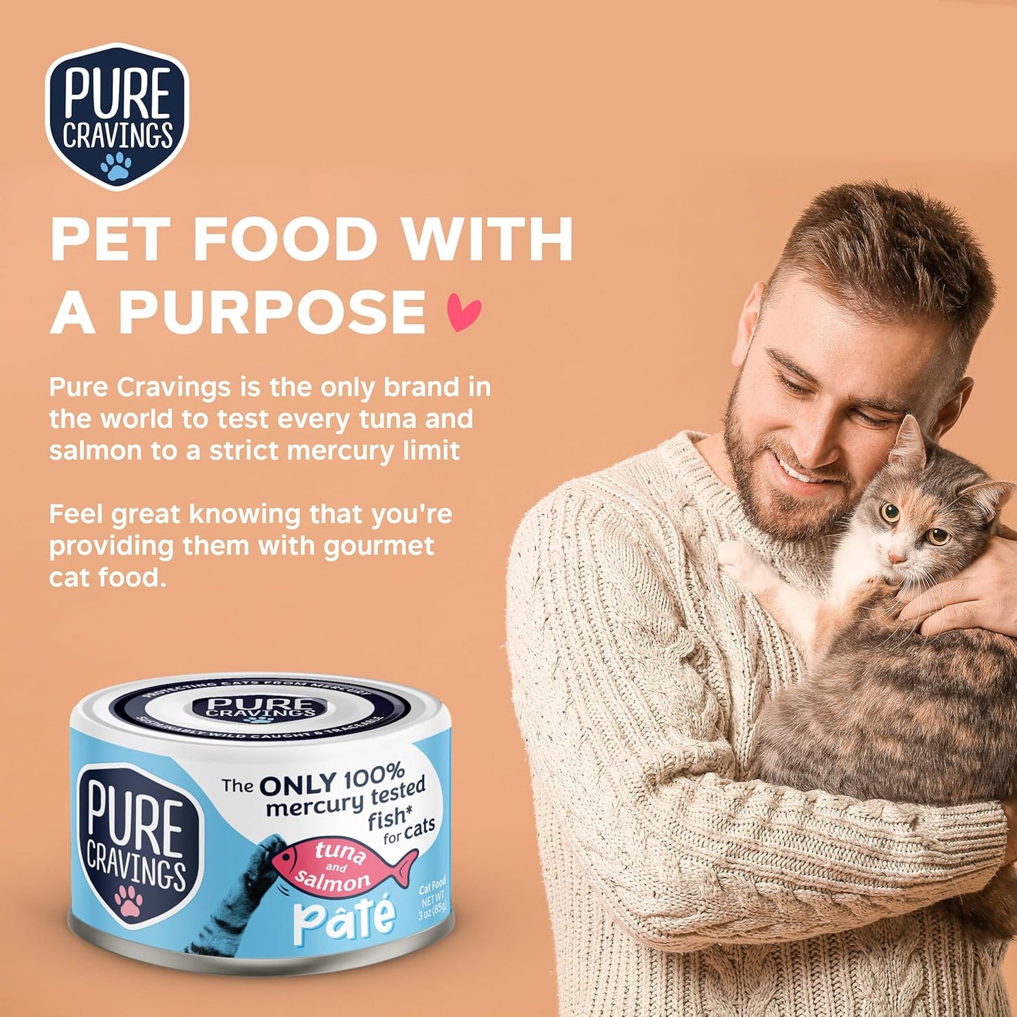 Pure Cravings Tuna and Salmon Pate, Canned Wet Cat Food, 100% Mercury-Tested, Moist Can Fish, Grain-Free Protein, Non-GMO, 12 Pack