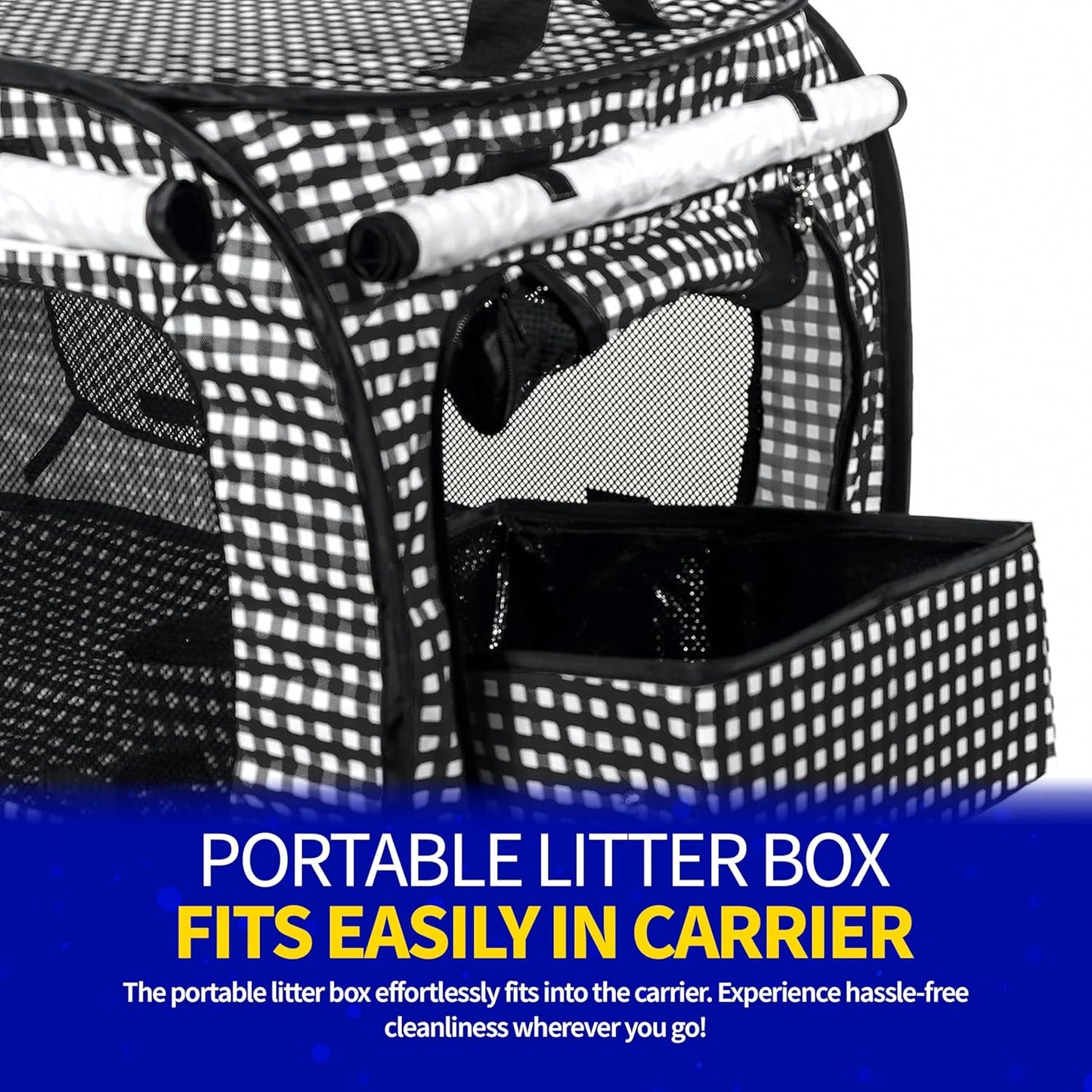Pet Fit For Life Extra Large Cat Carrier for Travel - Foldable & Portable Collapsible Kennel with Litter Box, Feather Toy & Water/Food Bowl - Ideal for Cars, Long Trips & Indoor Cats - Black Checkers