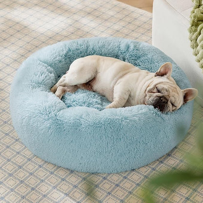 Bedsure Calming Dog Bed for Medium Dogs - Donut Washable Medium Pet Bed, 30 inches Anti-Slip Round Fluffy Plush Faux Fur Cat Bed, Fits up to 45 lbs Pets, Aqua Blue