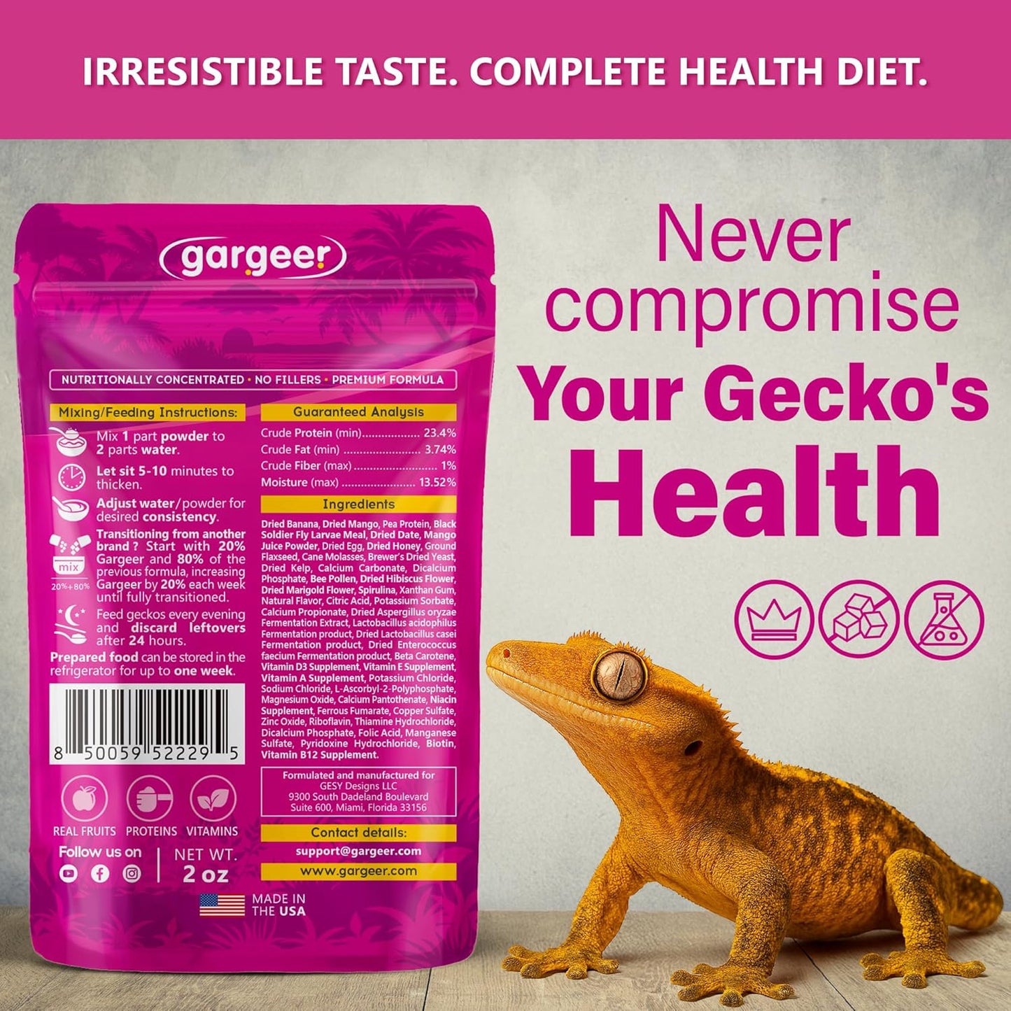 'Picky Geck' Growth - Premium Crested Gecko Food | High-Protein Fruit Formula for Bone & Muscle Support | No Fillers - Only Premium Ingredients | 2oz | Made in USA. Enjoy !