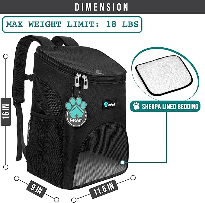 PetAmi Small Dogs and Cat Backpack Carrier, Airline Approved Pet Backpack Carrier, Ventilated, Safety Strap, Buckle Support Designed for Hiking Travel Camping Outdoor, Max 18 lbs (Black)