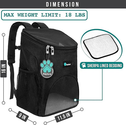 PetAmi Small Dogs and Cat Backpack Carrier, Airline Approved Pet Backpack Carrier, Ventilated, Safety Strap, Buckle Support Designed for Hiking Travel Camping Outdoor, Max 18 lbs (Black)