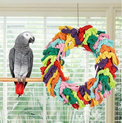 Parrot Swing for Large Birds - Colorful Cotton Rope Hanging Ring Toy for African Grey, Cockatoo, Conure, and Parakeet | Chewing, Exercise, Climbing, and Snuggling