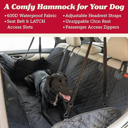 Lusso Gear Dog Car Seat Cover for Back Seat - 100% Waterproof Dog Hammock - Padded Headrest and Mesh Window - Passenger Compatible Rear Car Seat Cover - Fits Trucks, SUVs, Cars